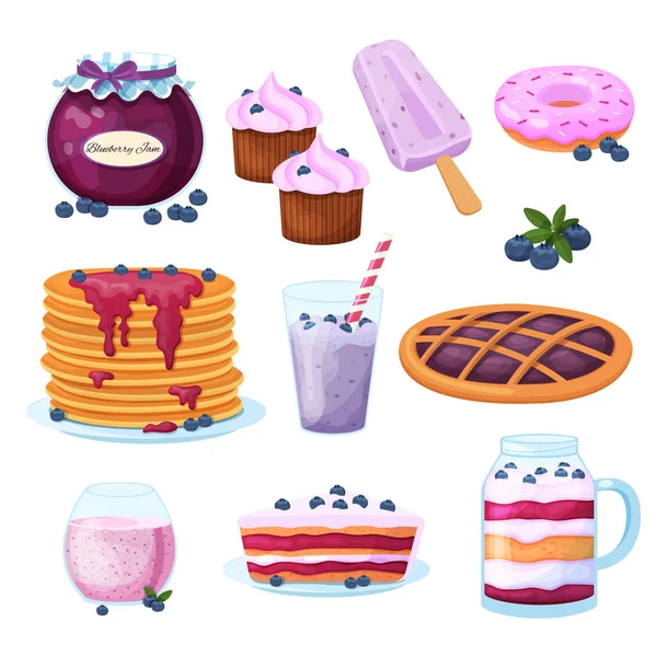 Dessert aux myrtilles avec confiture, glace, crêpe, baies, milkshake sur l'illustration de baies vectorielles isolées sur blanc — Image vectorielle