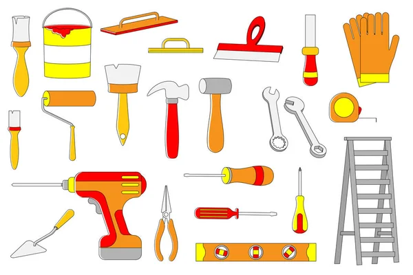 Constructor herramienta de reparación de mano para la persona trabajador de la construcción, manitas con los instrumentos de ilustración vectorial aislado en blanco . — Vector de stock