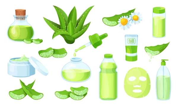 Natureza aloe vera farmácia medicinal, folhas de plantas cosméticas, suco fresco na ilustração natural do vetor herbal isolado no branco . — Vetor de Stock