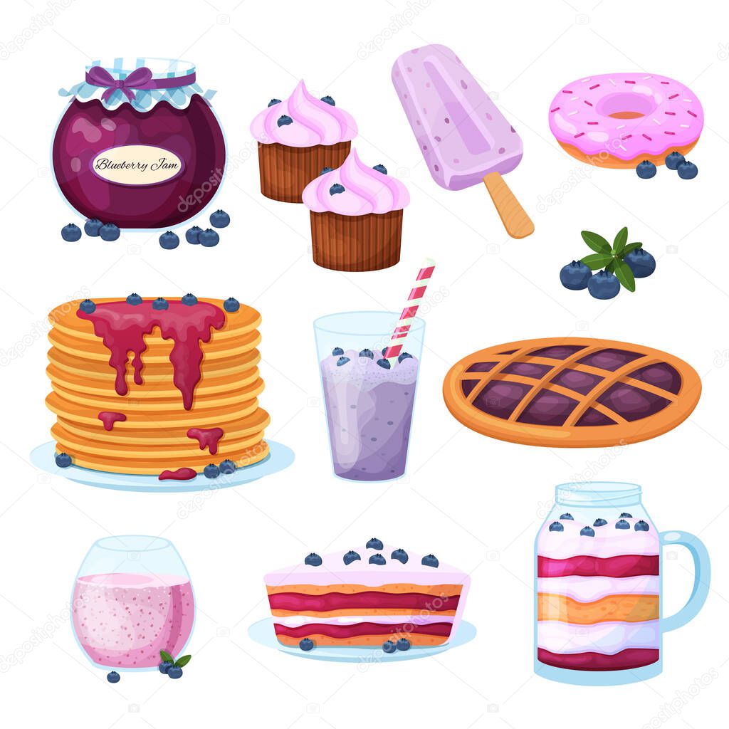 Blueberries dessert with jam, icecream, pancake, berries, milkshake on vector berries illustration isolated on white