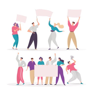 Protestoculardan oluşan bir kalabalık, beyazı izole edilmiş vektör karakter grubu karikatür gösterisine katılıyor. Sokaktaki erkekler ve kadınlar hakları için boş pankartla gösteri yapıyorlar. Protesto