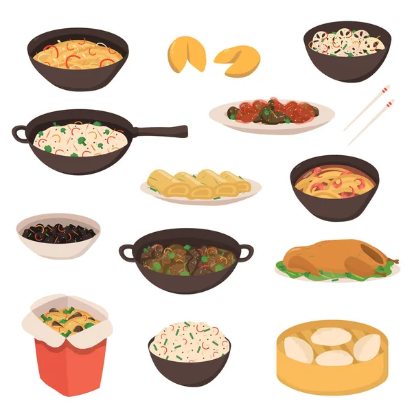 Chinees, aziatische straat voedsel traditionele heerlijke keuken koken vector reizen cartoon illustratie geïsoleerd op wit. — Stockvector