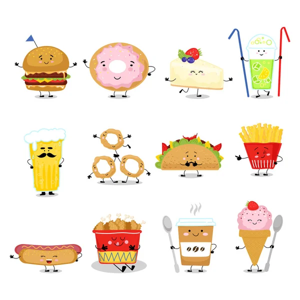 Comida fofa com fast food gostoso, sobremesa doce, padaria e donut com rosto em refeição quadrinhos ilustração vetor fast food isolado em branco . — Vetor de Stock
