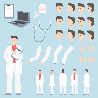 Doktor karakter oluşturma seti farklı pozlar, jestler, yüzler, çizgi film vektör illüstrasyonu.