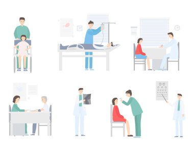 Hastanedeki doktor ve hasta beyaza izole edilmiş tıbbi el çizimi vektör illüstrasyonunda. Teşhisi doktor belirler.