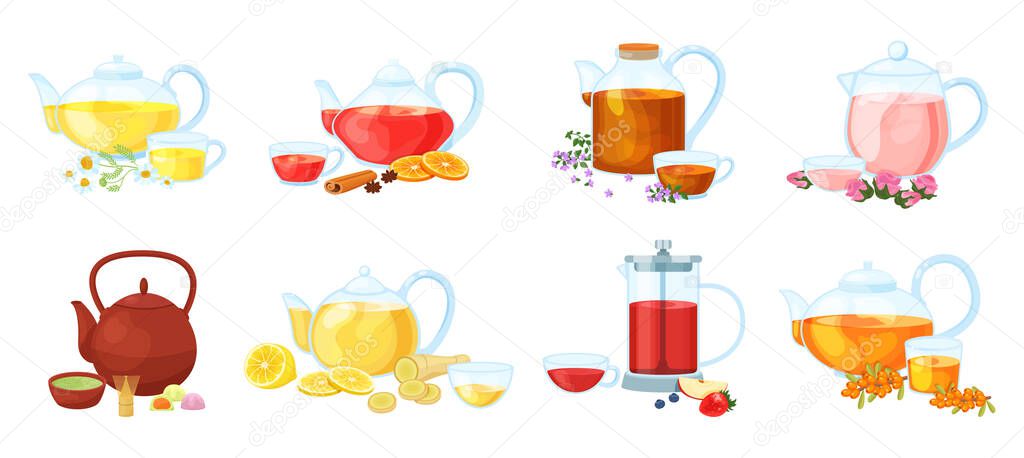 Healthy herbal nature different tea with vitamin fruits, medical flowers, herbs in cup, teapots on vector illustration isolated on white..