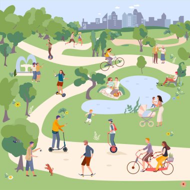 Şehir parkı vektör illüstrasyonu, şehir parkında bisiklet, tek tekerlekli bisiklet, Segway, kaykay ve scooter kullanan insanlar. Aile piknik yapar..