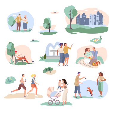 Park City 'de bahçıvanlık yapan mutlu insanlar beyaz üzerine izole edilmiş karakter doğa vektör karikatürü çizimleri. Adamım, kadınlar koşar, evcil hayvanlarla oynar, çocuklarla bebek arabasında yürür, banklarda dinlenir, bahçede çimenler