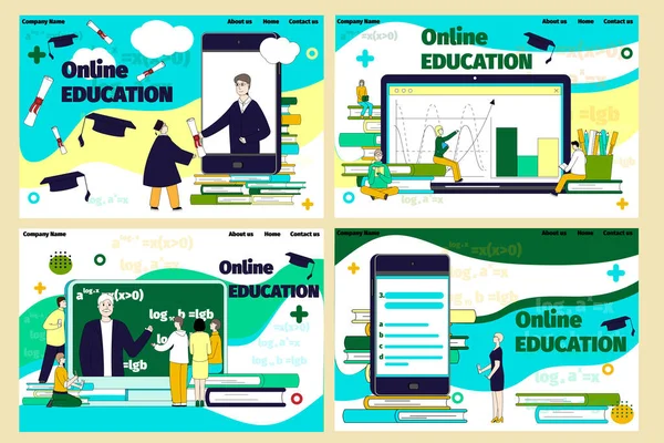 Concepto de educación en línea a mano ilustración vectorial educativa. Chicos, chicas obtener diploma, leer libro en línea . — Archivo Imágenes Vectoriales