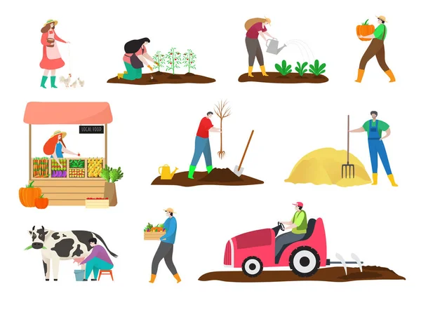 People in work clothes working on farm in hand drawn vector illustration isolated on white. — Stock Vector