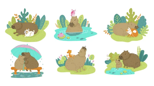 Gelukkige leuke grappige capybara op cartoon dier knaagdier vector illustratie geïsoleerd op wit. Capibara met baby, hond, kat, aap op zomerse dieren. Paar kapibara onder paraplu in regen op bank — Stockvector