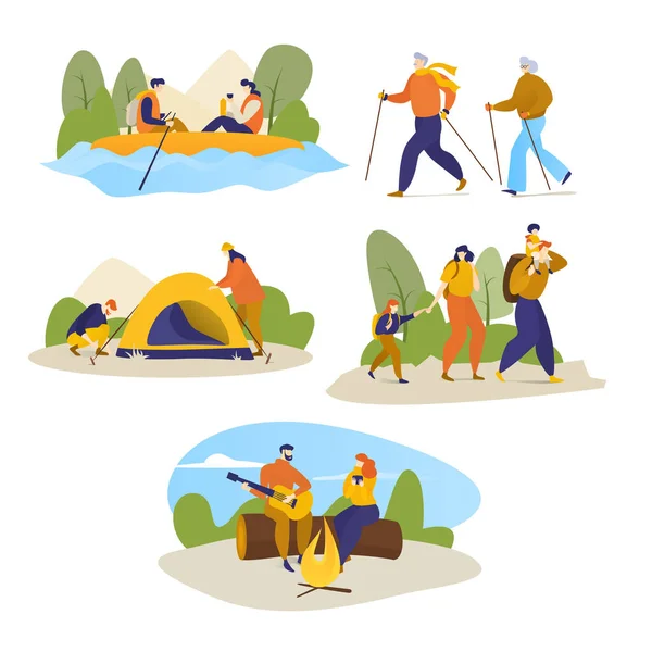 Man, women, children hiking travel outdoors on vector hike trekking illustration isolated on white. — Stock Vector