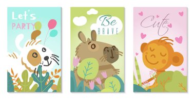 Şirin hayvanların, tavşanın, domuzun ve maymunun vektör çizimi. Çocuklar için metin davetiyeleri ve tebrik kartları, komik ve mutlu hayvanlar.