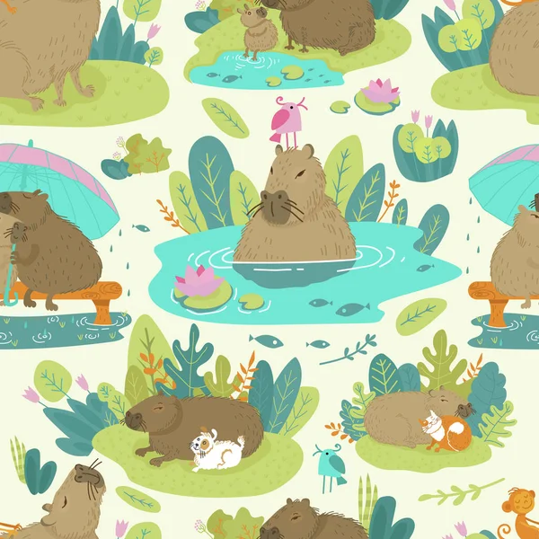 Imagen de patrón de la capibara en el bosque verde de la selva y el lago, ilustración vectorial, divertido animal de dibujos animados — Vector de stock