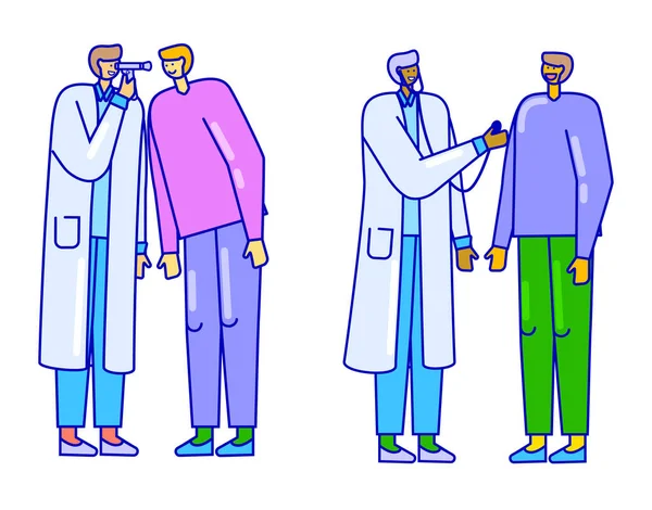 Patiënt met arts in uniform op medische vector, illustratie geïsoleerd op wit. Mensen in het ziekenhuis zorgen voor hun gezondheid. — Stockvector