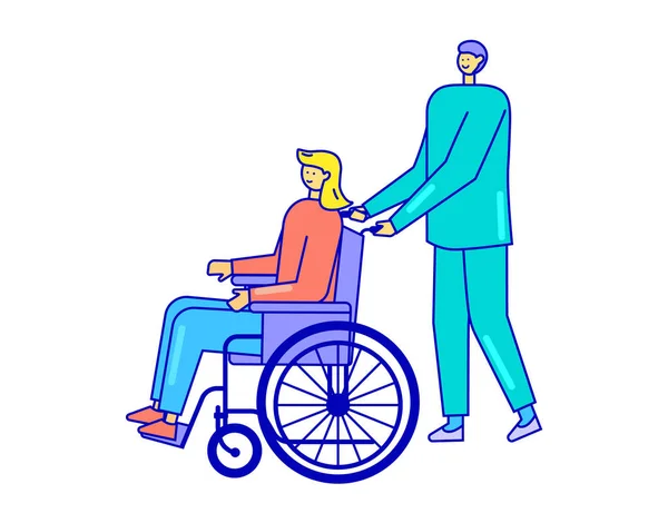 Il medico maschile aiuta a trasportare il paziente in sedia a rotelle in ospedale. cartone animato in stile piatto isolato su sfondo bianco, illustrazione vettoriale — Vettoriale Stock