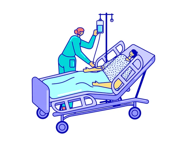 Patiënt in ziekenhuisbed met infusie en verpleegkundige die hem behandelt, geïsoleerd op witte, vectorillustratie. geneeskunde en gezondheidszorg. — Stockvector
