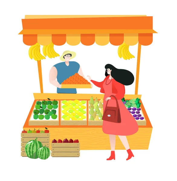 Yerel grupta Pazar meyve shop meyve satıcı ile stand meyve ve müşteri alışveriş taze meyve, vektör çizim satmak için. — Stok Vektör