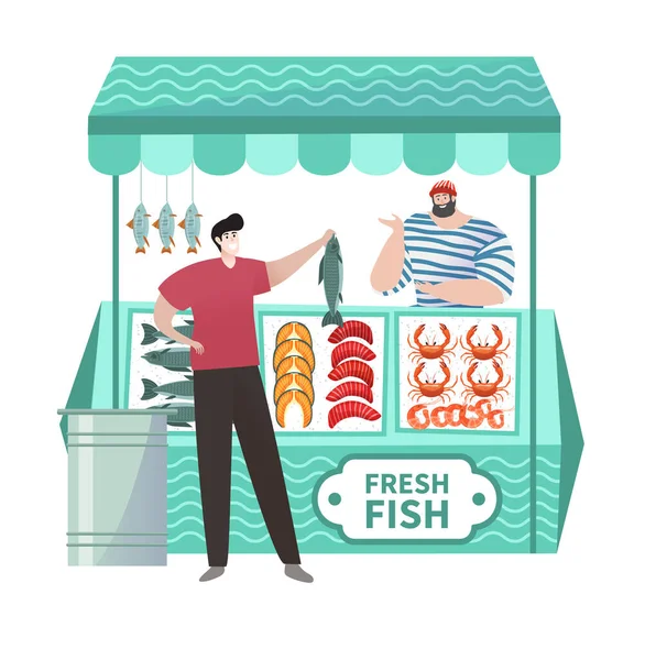 Buyer in fresh ocean fish shop buying freshness ocean organic food in fishmarket isolated on white, vector illustration. — Stock Vector
