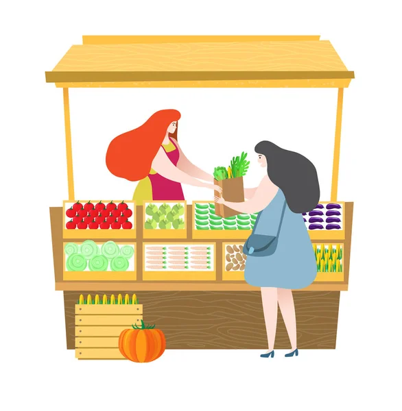 Πωλητής πώληση φρεσκάδας λαχανικά πελάτη στην αγορά απομονωμένη σε λευκό, εικονογράφηση διάνυσμα χορτοφαγική έννοια, τον τρόπο ζωής της υγείας — Διανυσματικό Αρχείο