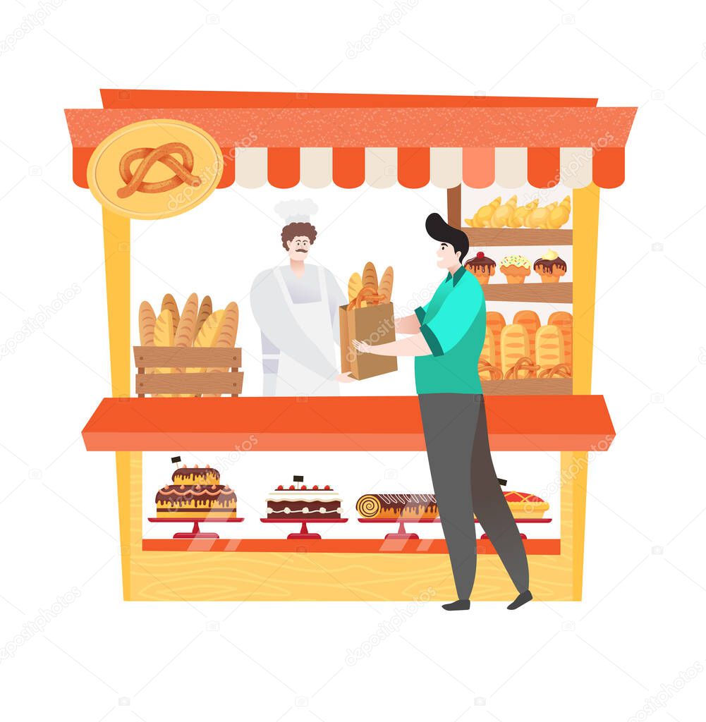 Customer in bakery shop buying fresh and organic bread or cake isolated on white, flat cartoon illustration of local market.