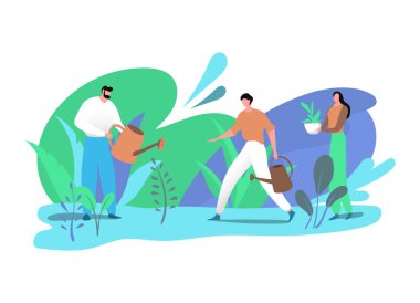 Bahçede yetişen iki erkek, su otları ve kadın bitkisel kozmetikler için doğal malzemelerdir. Beyaz, vektör illüstrasyonunda izole edilmiş..