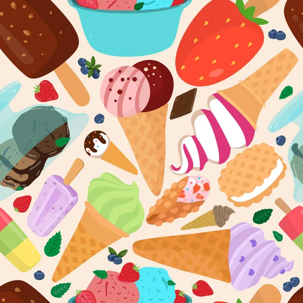 Bezproblémový vzor barevných druhů zmrzliny, vektorové ilustrace osvěžující a lahodné letní jídlo. Nutriční koncept — Stockový vektor