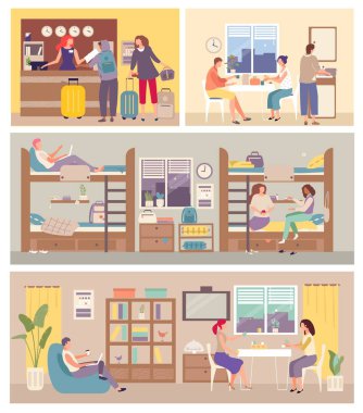 Hostel Interior for tourist. People settle in hostelry, living, sleeping, eating on hand drawn vector illustration. clipart