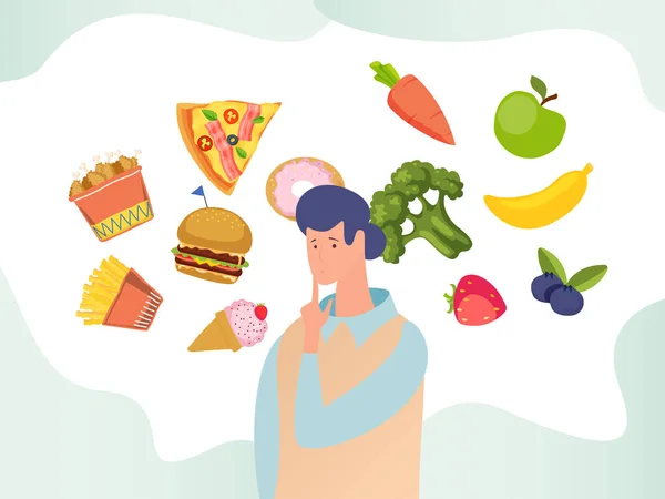 Tecknad ung man gör valet mellan hälsosam och ohälsosam mat platt design, vektor illustration. Näringsidé — Stock vektor