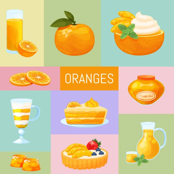 Délicieux bonbons et desserts aux saveurs d'orange illustration vectorielle. Modèle de couleur de différents bonbons à base d'agrumes . — Image vectorielle