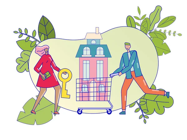 Concepto de casa de compra, bienes raíces, ilustración vectorial. Hombre y mujer de familia comprar casa con llave, diseño de dibujos animados planos — Vector de stock