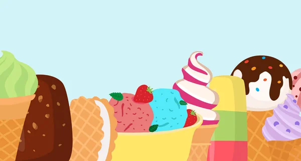 Cartoon vektorové ilustrace sbírkového dezertu ze zmrzliny s ovocem izolovaným na modré. asty mražené jídlo v letním teple. — Stockový vektor