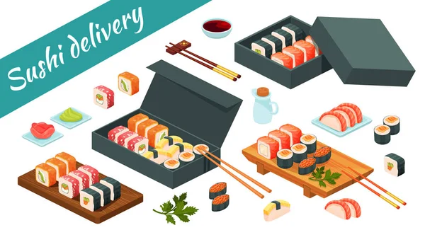 Sushi dodávka služba asijské menu jídlo vektorové ilustrace izolované na bílém. Isometric set sushi, sashimi — Stockový vektor