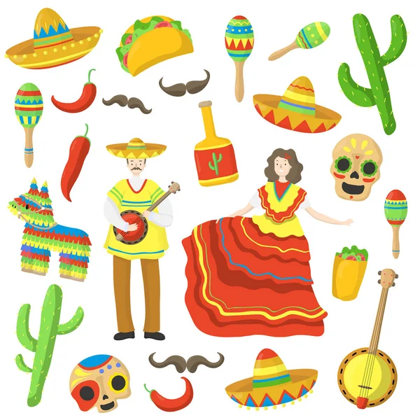 墨西哥代表狂欢节的符号用手绘矢量表示，用白色隔开。墨西哥食品. — 图库矢量图片