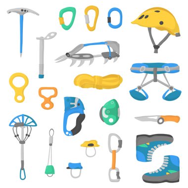 Elle çizilen dağcılık ekipmanı vektör aşırı tırmanma illüstrasyonunu beyaza izole etti. Dağcılık spor vitesleri.