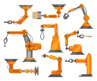 Endüstriyel robotlar manipülatörler beyaza izole edilmiş vektör robot çizimleri topluyorlar. Robotlaştırılmış kol teknolojisi.