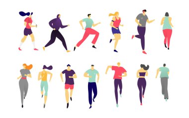 Adamım, kadınlar spor koşusunda koşuyor insanlar vektör elle çizim yapıyorlar beyaza izole edilmiş spor çizimleri..