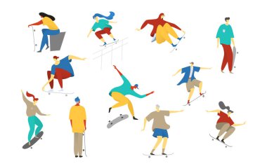 Genç ve aktif genç erkek ve kadınlar kaykay kayarken beyaz üzerinde izole edilmiş ekstrem yaz vektör çizimi üzerinde
