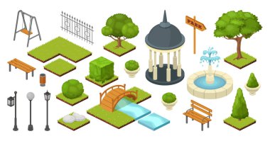 Açık hava doğa doğa elementleri vektör izometrik park illüstrasyonunda beyaza izole edilmiştir. Bahçe işleri yaz seti