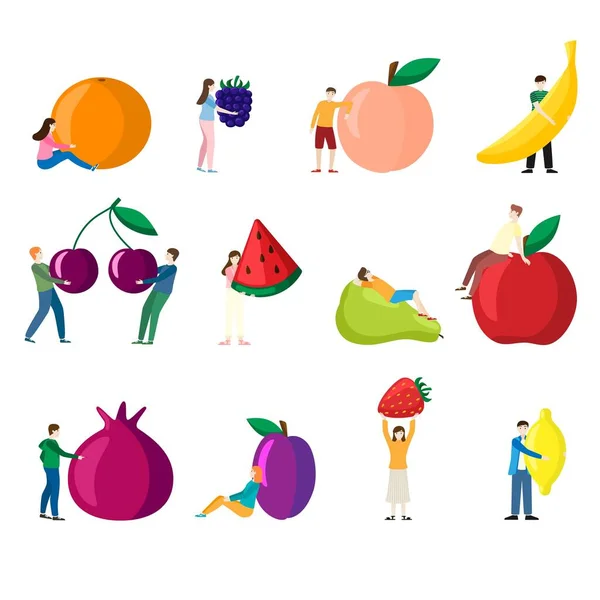 Produção orgânica desenho animado vetor frutado ilustração isolada em branco. Homem minúsculo senta-se na maçã, fica com frutas — Vetor de Stock