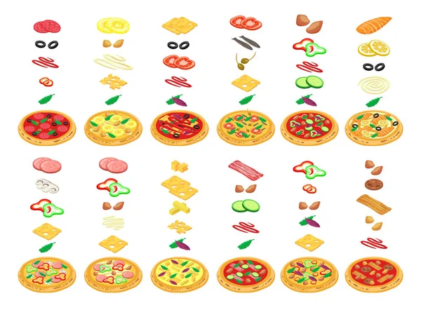 Pizza constructor con tipos de alimentos en ilustración isométrica vectorial. hacer en pizzería aislada en blanco — Vector de stock