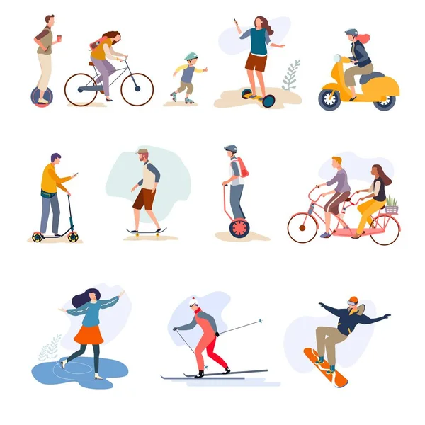 Hombres, mujeres, niños montando al aire libre en el personaje dibujado a mano ilustración vectorial aislado en blanco. La gente va en bicicleta . — Vector de stock