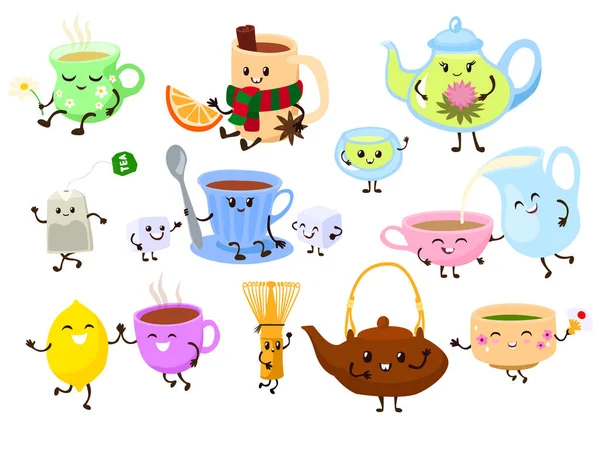 Tasse à thé colorée souriante, bouilloire sur bande dessinée illustration vectorielle de boissons alimentaires santé isolé sur blanc . — Image vectorielle