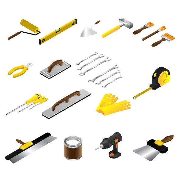 Builder hand isometric repair tool handyman on home build instruments vector illustration isolated on white. — Stock Vector