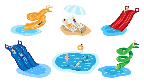 Parque acuático con gente en aqua verano dibujado a mano personaje vector ilustración aislado en blanco . — Vector de stock