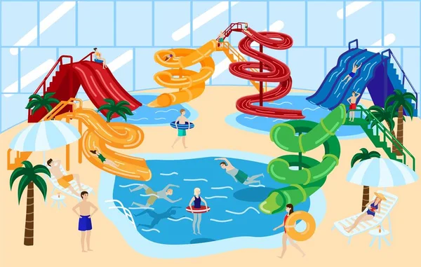 Ilustração do vetor da corrediça do parque aquático com povos que se divertem no waterslide e na piscina no parque aquático. Diversão no parque aquático . — Vetor de Stock