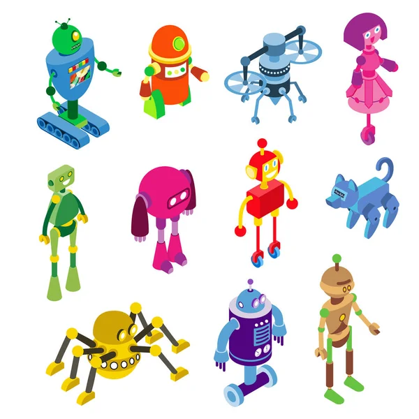 Robots collection on vector robotic characters illustration isolated on white. Robotized toys in isometric machine style — Stock Vector
