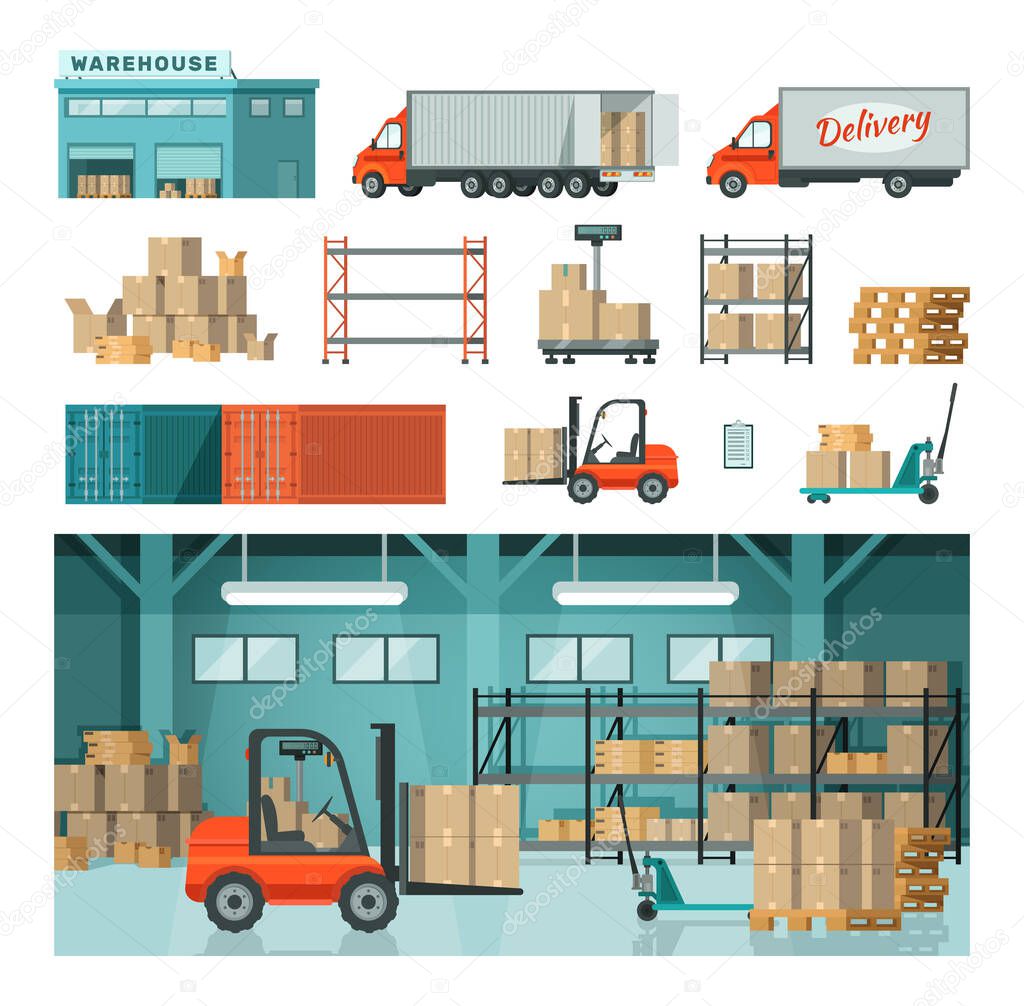 Logistic industrial warehouse in warehousing transport vector isolated on white drawn illustration.