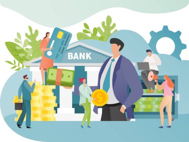 Banka finans kavramı, para yatırımı ve yönetim, iş adamları ticaret, vektör illüstrasyonu