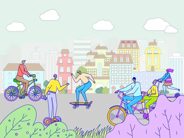 Conceito de esporte da cidade, pessoas montando transporte ecológico pessoal, bicicleta e skate, ilustração vetorial —  Vetores de Stock